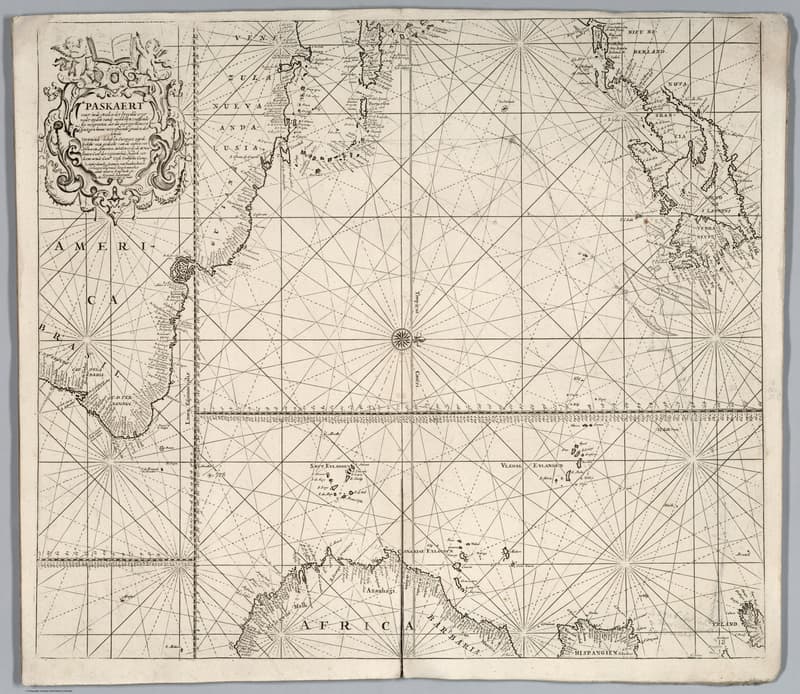 Joannes van Keulen's chart of the Atlantic Ocean, drawn with north to the right
